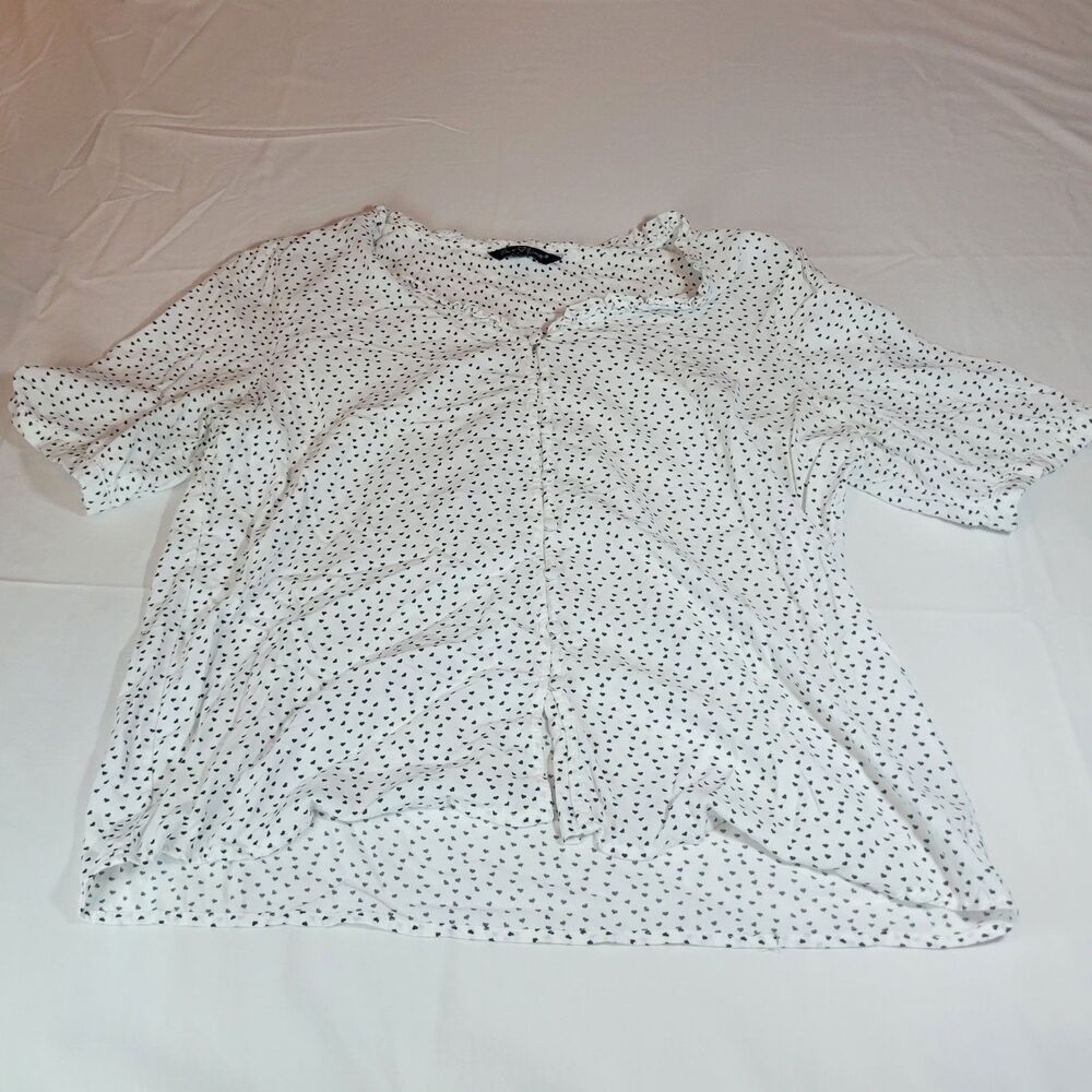 Velvet Heart L Ruffle Blouse Womens White Black Heart Print Rayon Lightweight